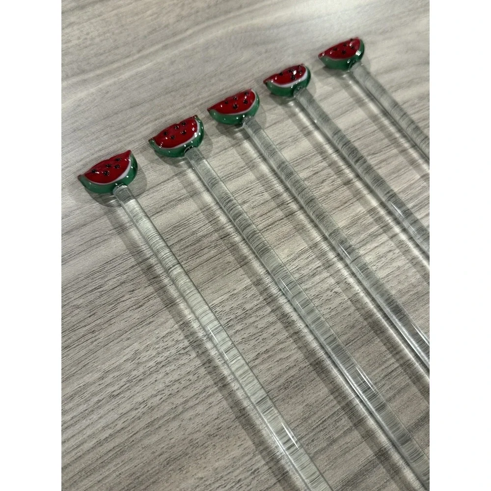 Hand Blown Glass‎ Watermelon Fruit Barware Swizzle Stir Sticks Set Lot of 5